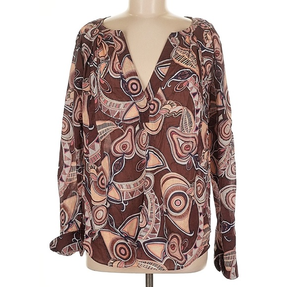 A.L.C. Brown Abstract Pattern Long Sleeve Split V-Neck Nomad Top Size 8 - Picture 3 of 5